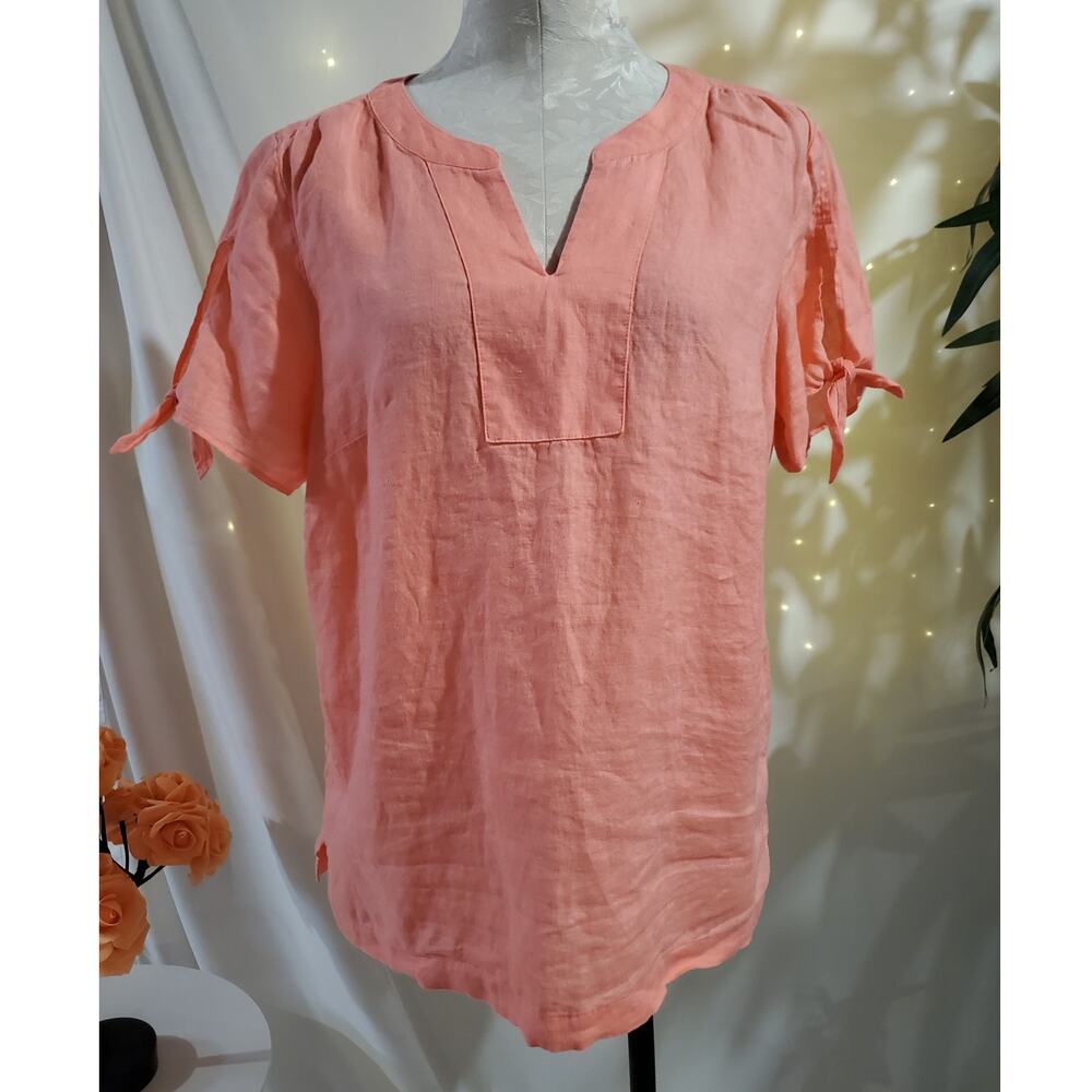 Talbots Linen Slit Tie Short Sleeve Notch Neck Blouse Top Size LP Coral Pink